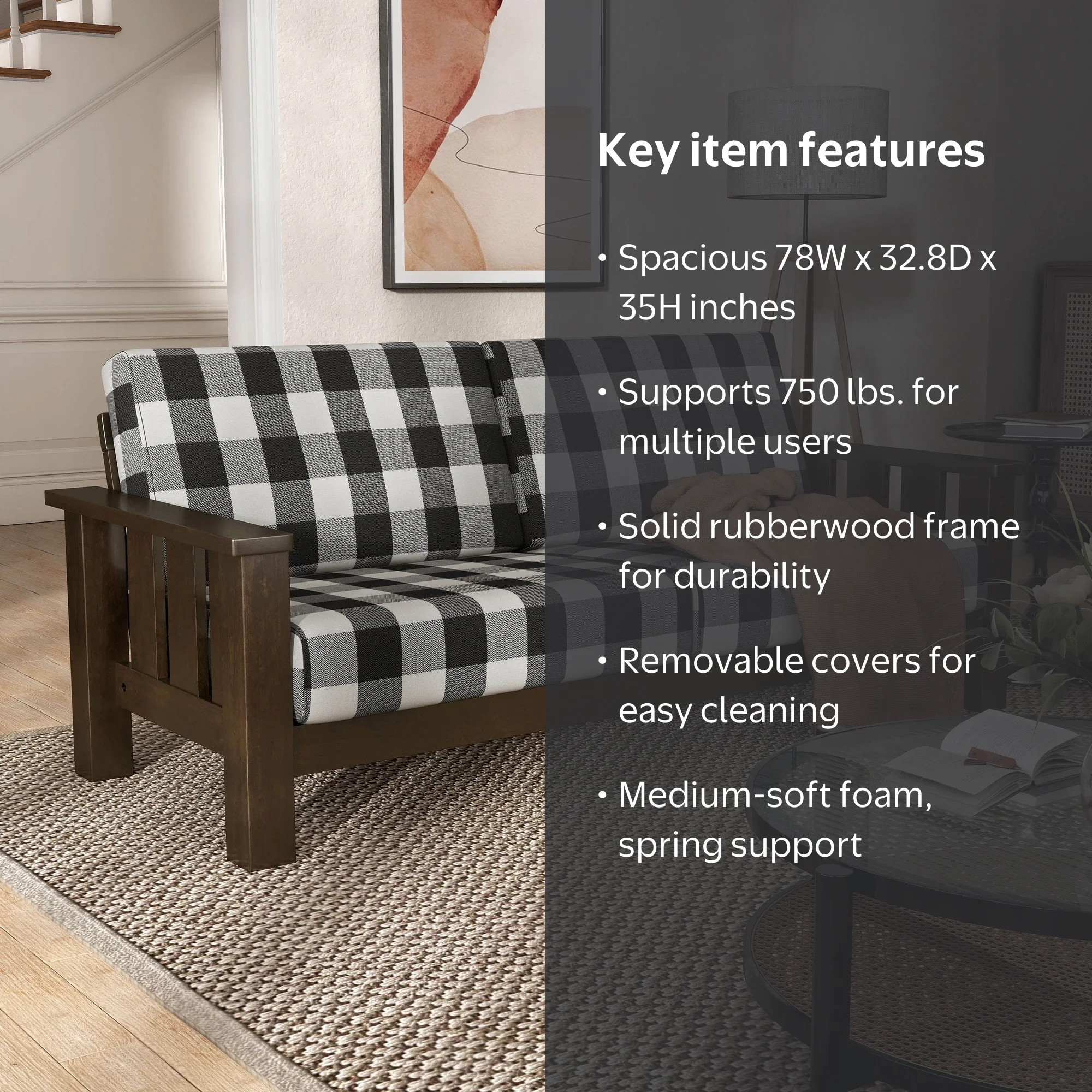 Furniture of America Mell Rustic Solid Wood Plaid Pattern Cushion Sofa, Dark Walnut