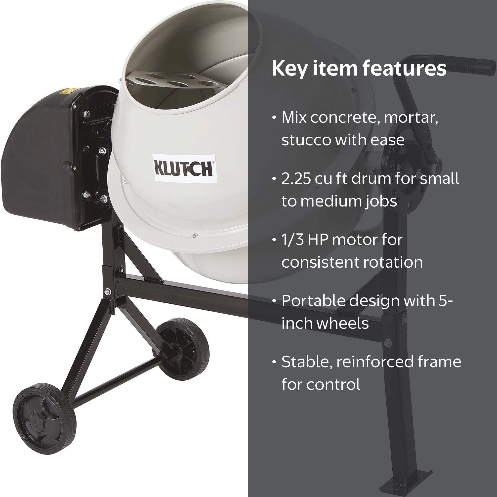 Klutch Electric Cement Mixer, 2.25 Cu. Ft. Drum, 1/3 HP, 120V