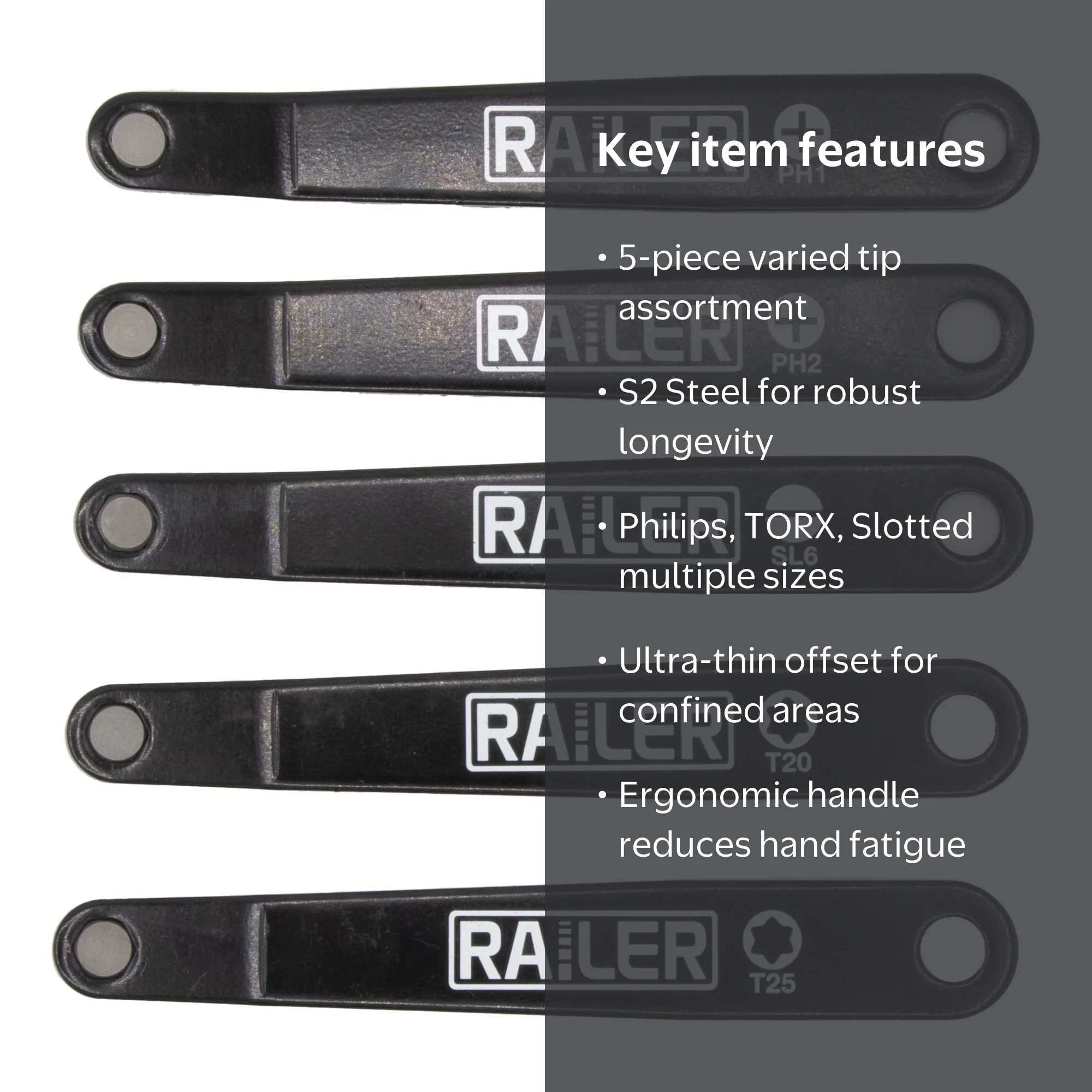 Railer S2 Steel Low Profile Offset Screwdriver Set, 5pc - Philips