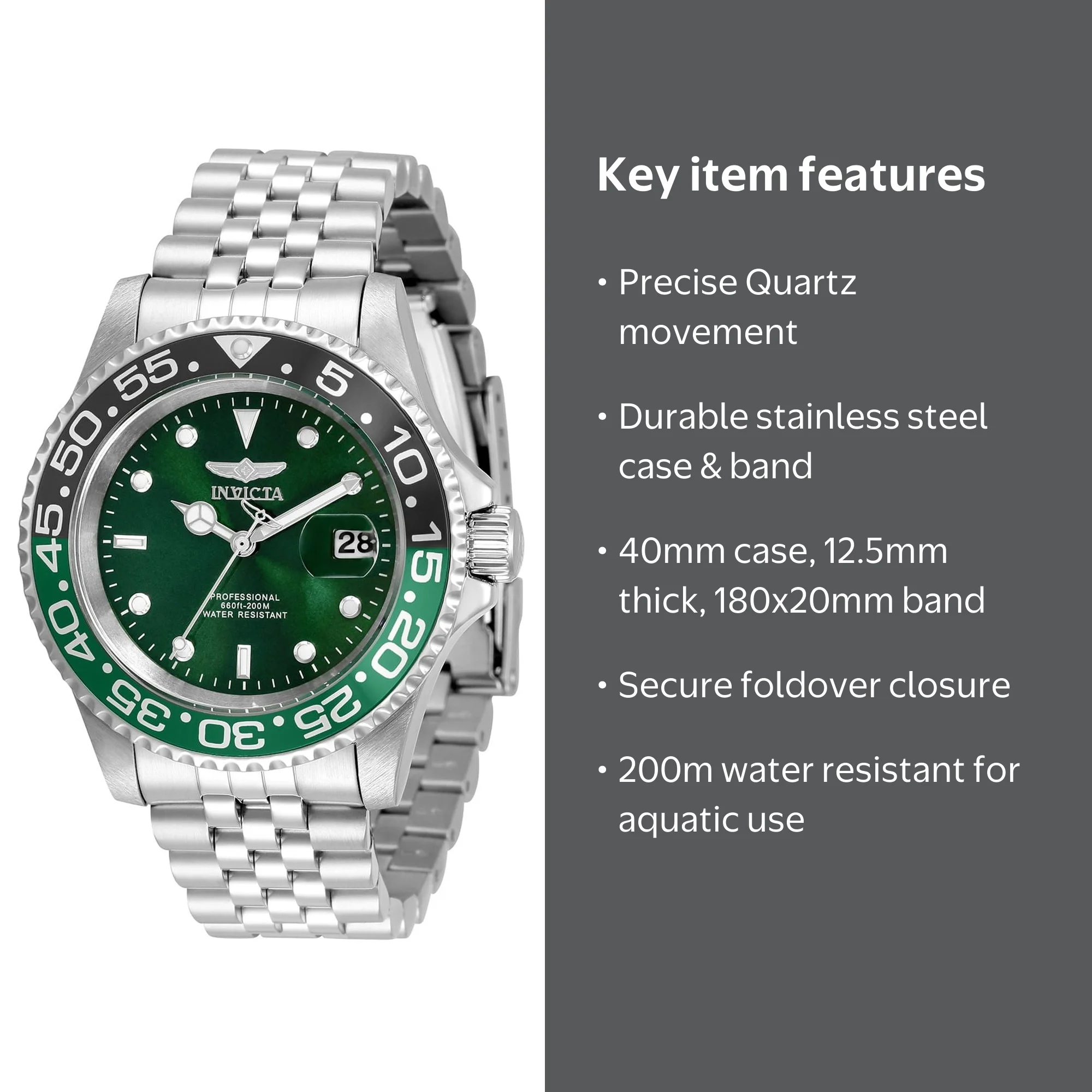 Invicta Pro Diver Men's Watch, 40mm Stainless Steel, Green Dial