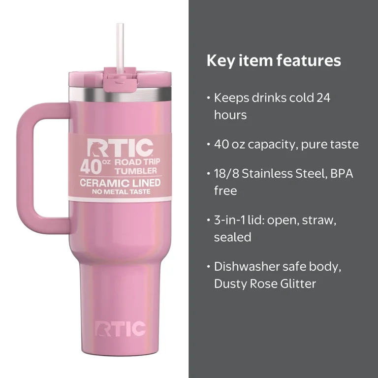 RTIC, Ceramic Lined Road Trip Tumbler, 40 oz, Dusty Rose Glitter