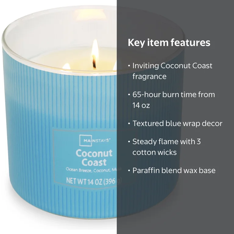 Mainstays 3-Wick Textured Wrapped Candle, Coconut Coast Fragrance