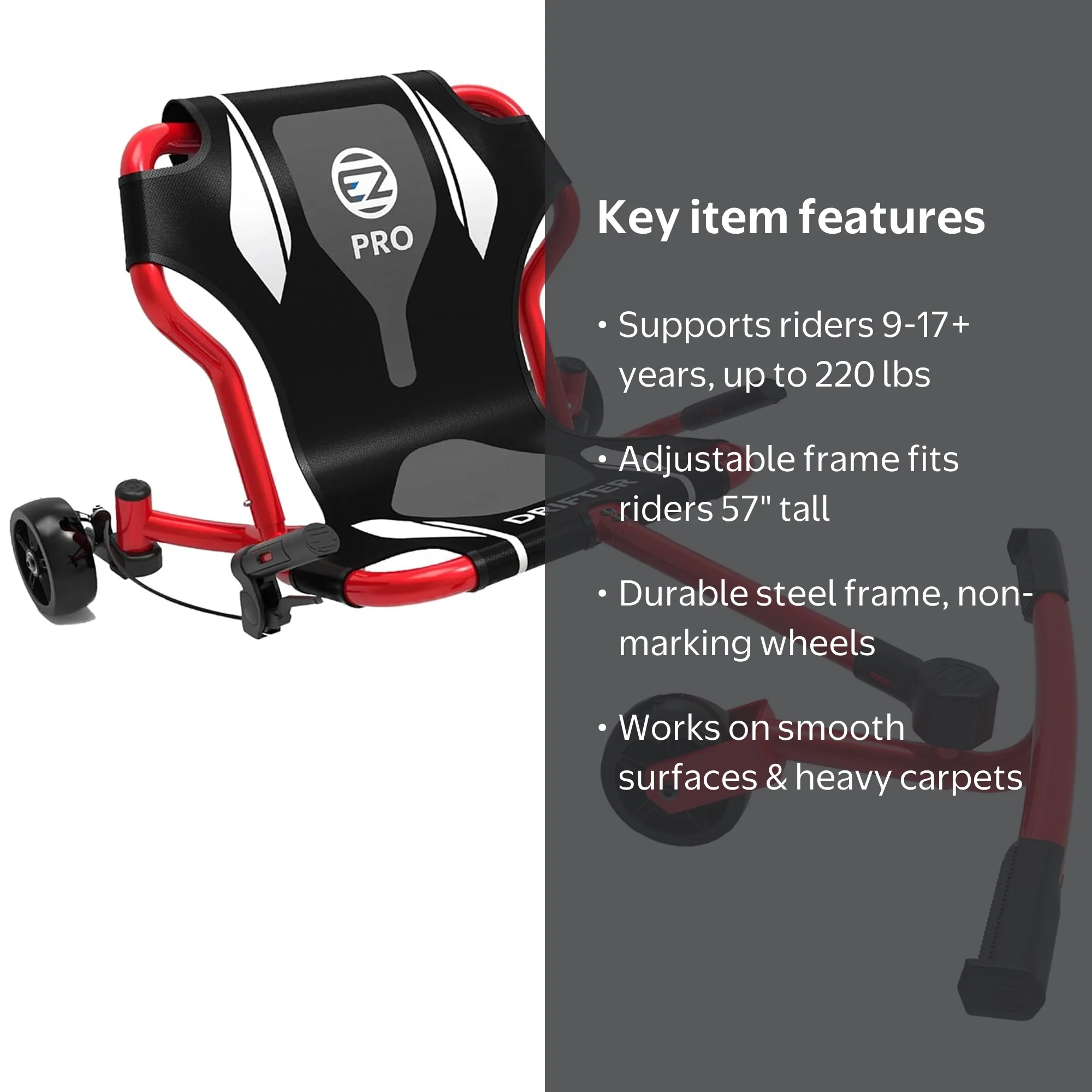 EzyRoller, Drifter Pro X Ride-On Scooter, 220lb Capacity, Red