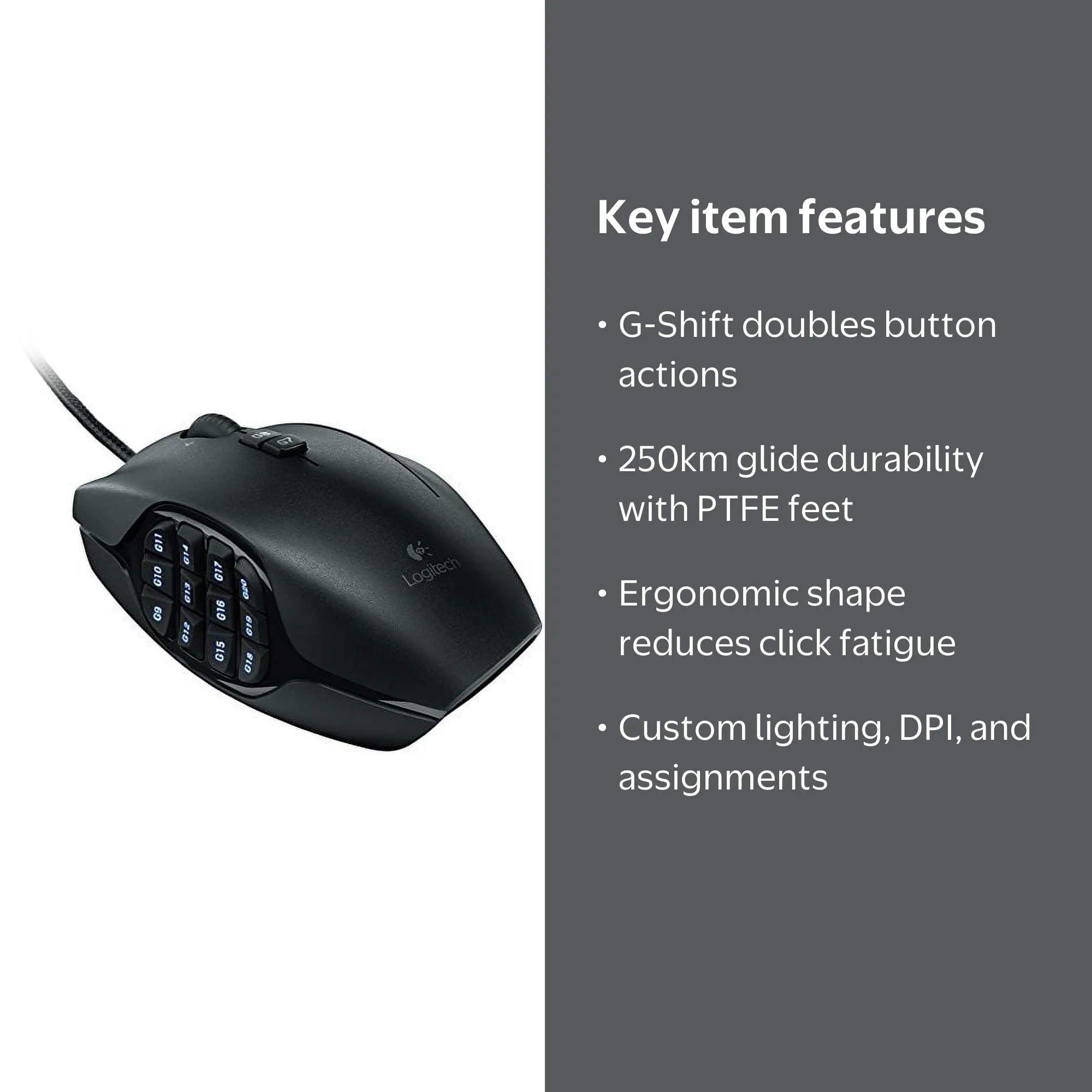 Logitech G600 MMO Gaming Mouse, RGB Backlit, 20 Customizable