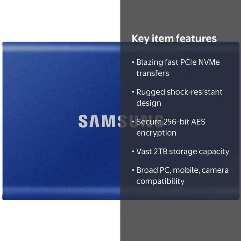 Samsung T7 2TB Portable SSD, USB 3.2 Gen 2, 1000+ MB/s, Hardware