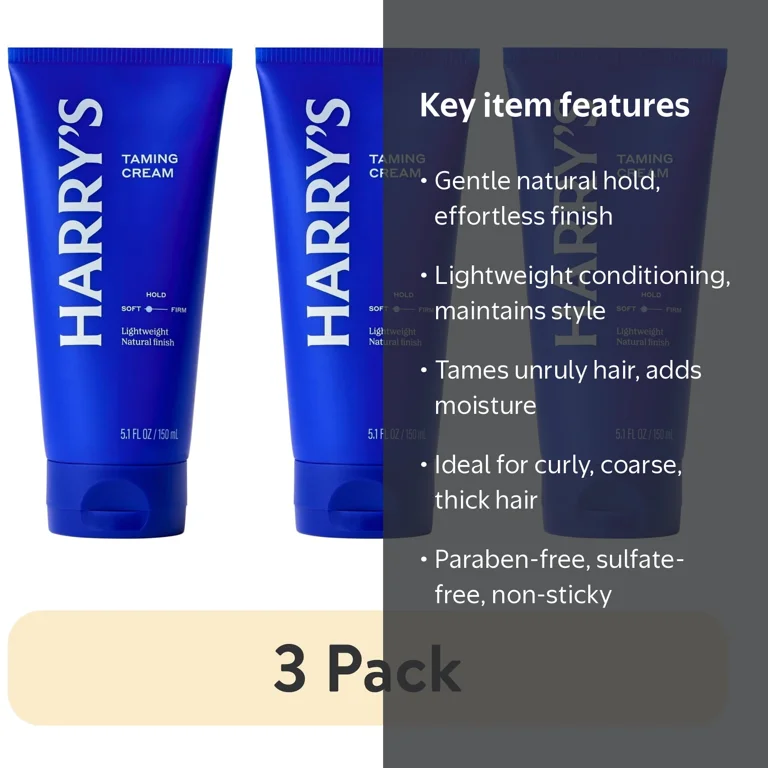 3 pack) Harry's Men's Taming Hair Cream, Soft Hold with Natural