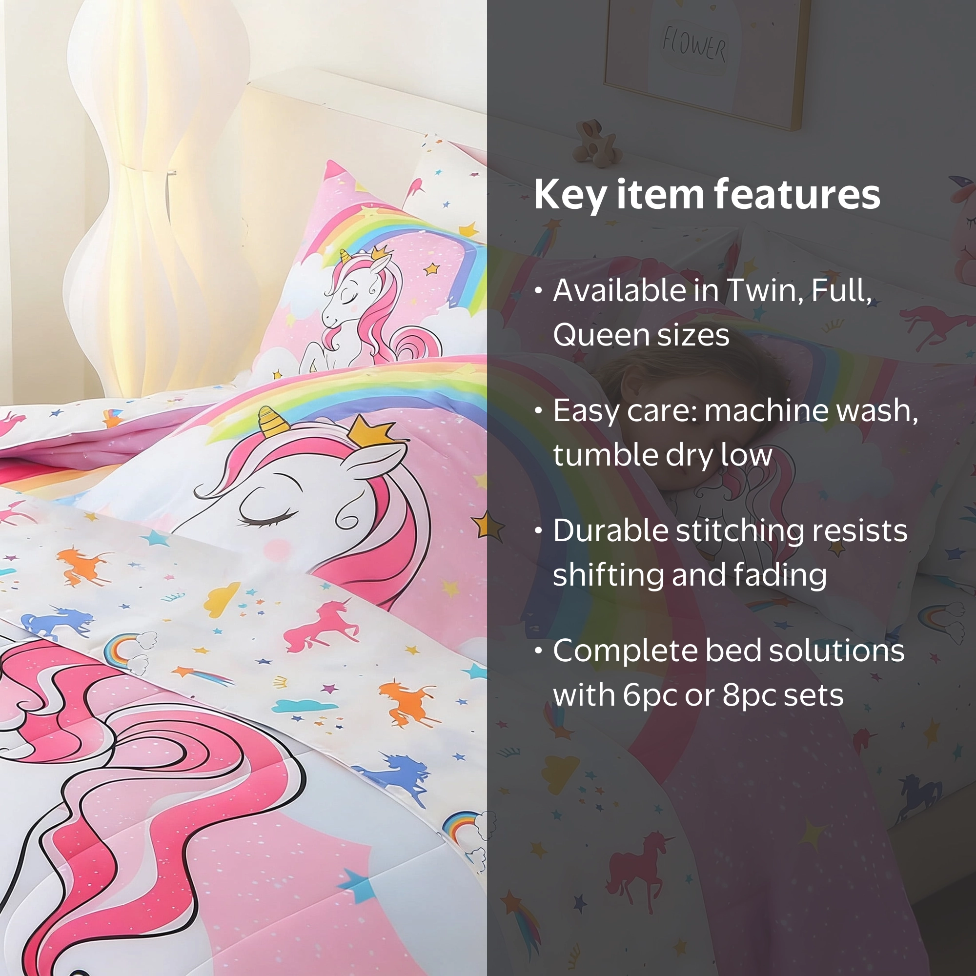 OKKEEY, Rainbow Pink Unicorn Comforter Set, Twin 6 Pcs, All Season