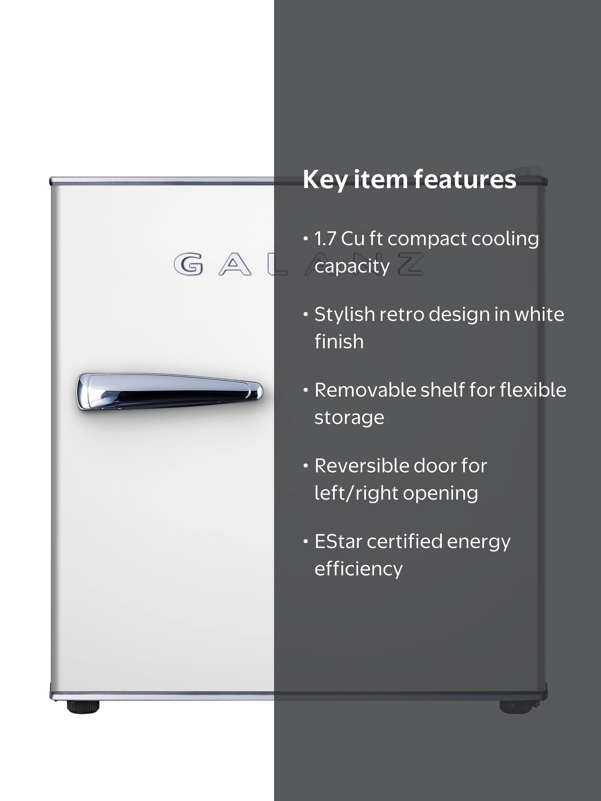 Galanz 1.7 Cu ft Mini Fridge Retro, White, New, Width 17.48