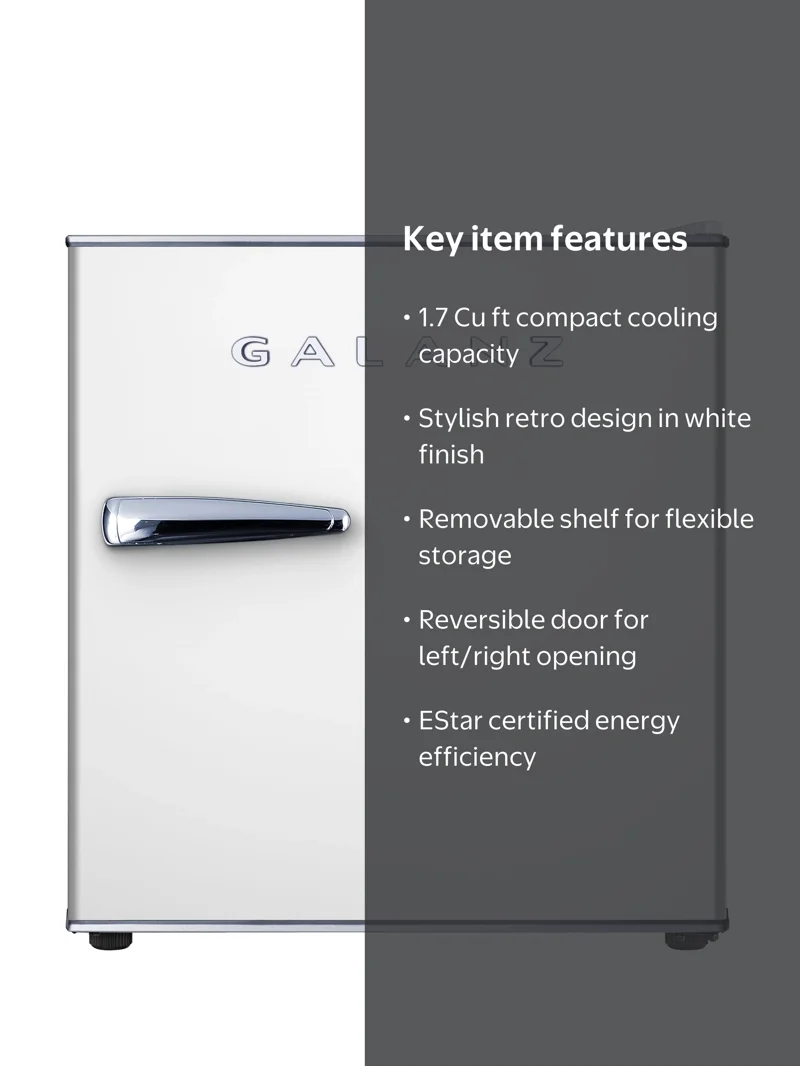 Galanz 1.7 Cu ft Mini Fridge Retro, White, New, Width 17.48
