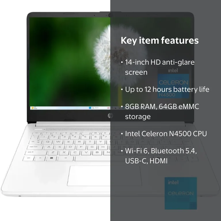HP 14 Pollici Bianco Fiocco Di Neve – Celeron N4500, 4GB RAM, 64GB EMMC, Windows 11 Home, Nuovo