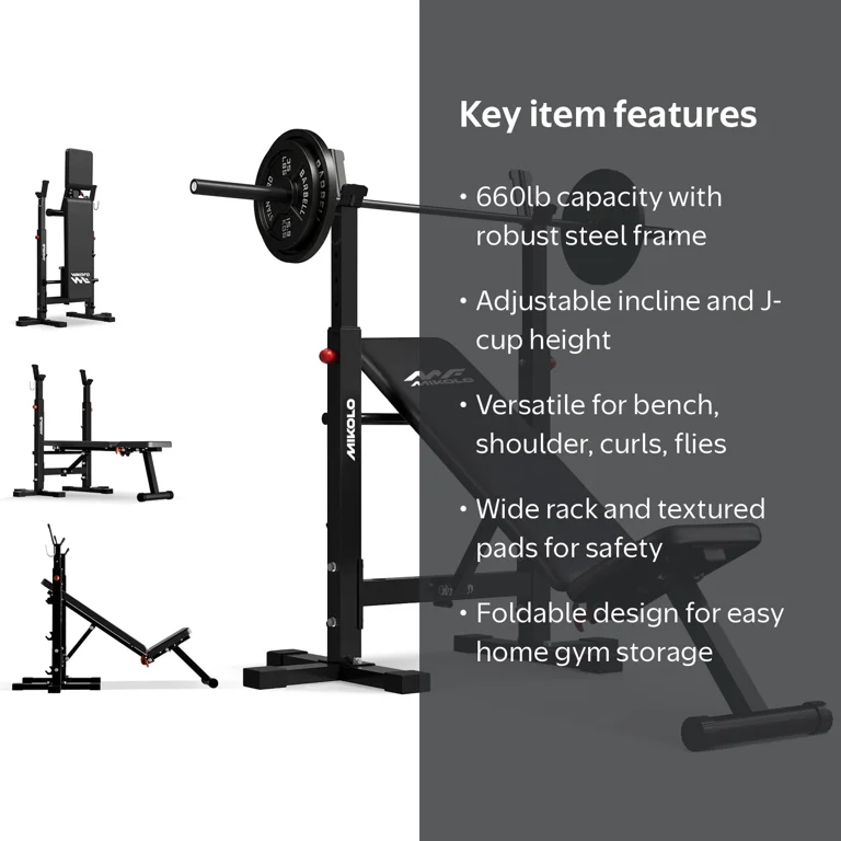 Mikolo, Adjustable Weight Bench, 660LBS Foldable Flat Incline Safe