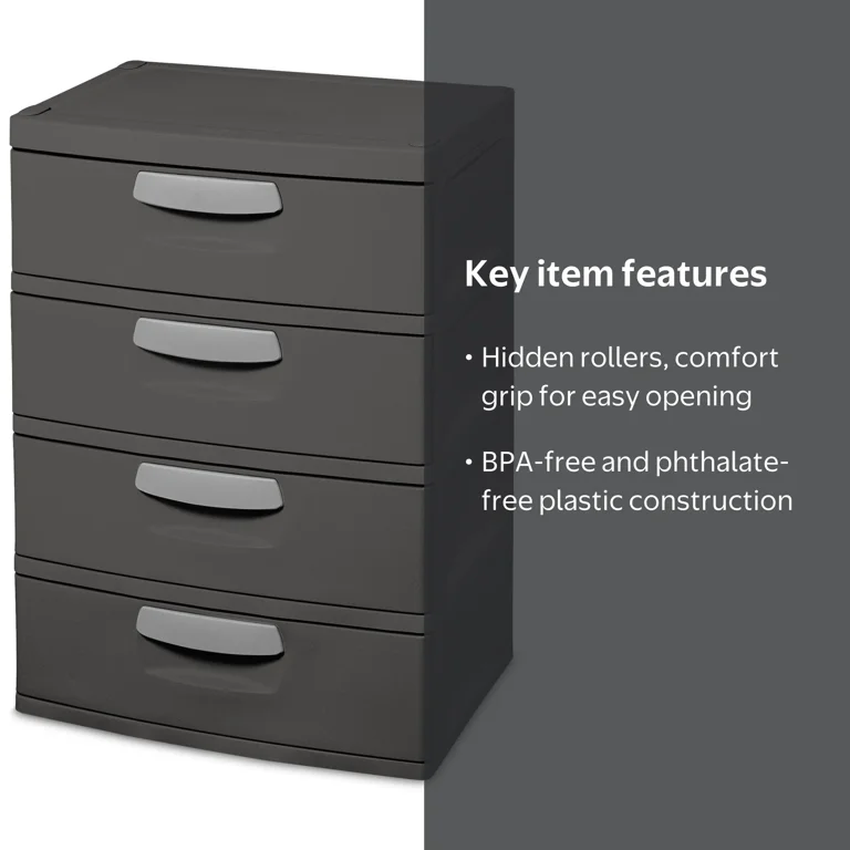 Drawerスタジャン グレー/ブラック Sterilite 4 Drawer Unit, Durable Plastic Storage Solution for