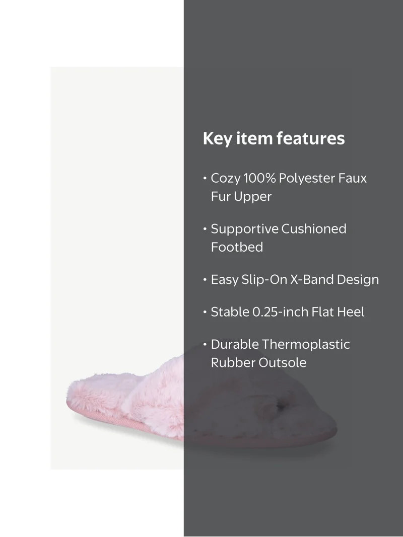 Joyspun Faux Fur X-Band Slippers for Women Flat Slip-On Cushioned