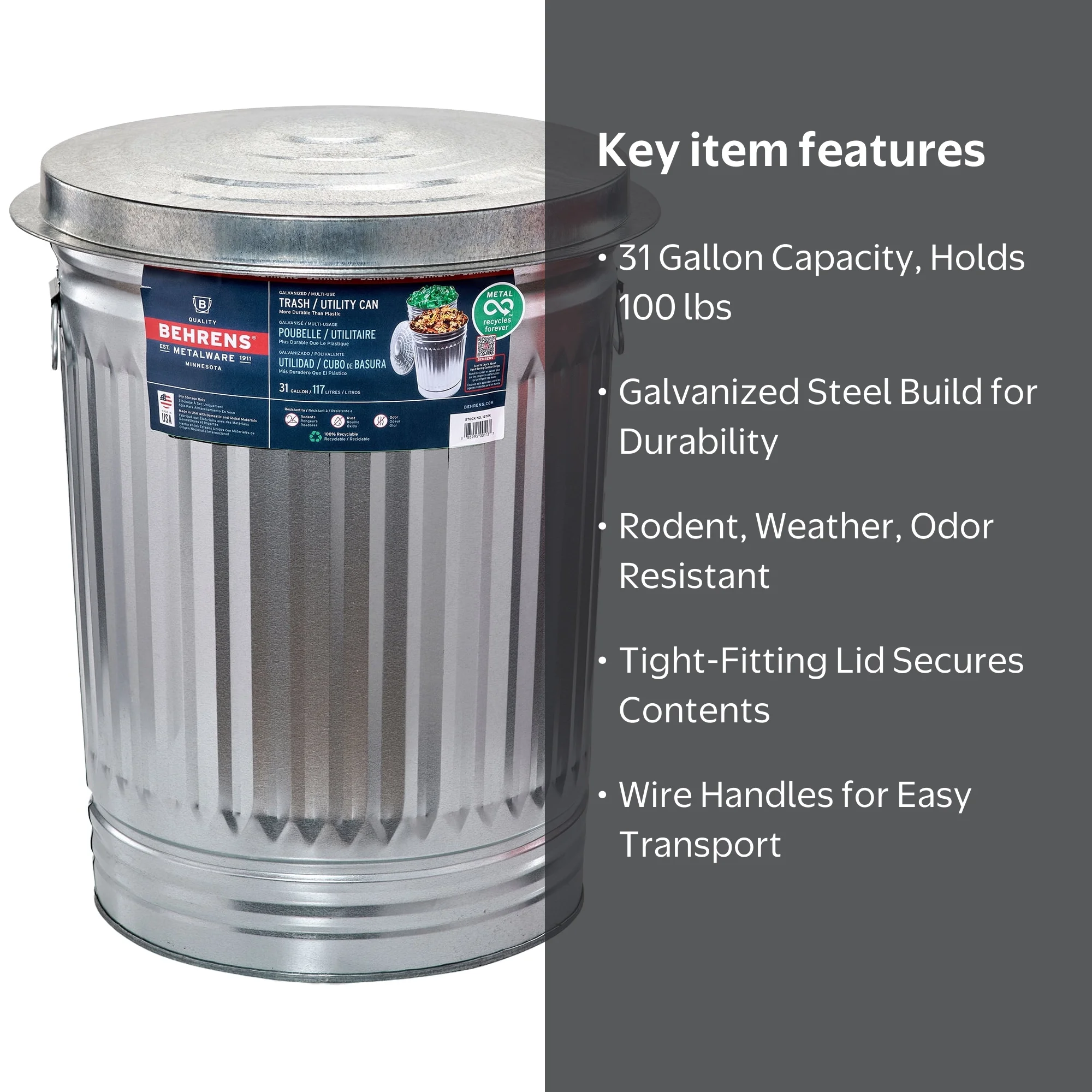 Behrens, Steel Trash Can, 31 Gallon, Galvanized Metal - Walmart.com