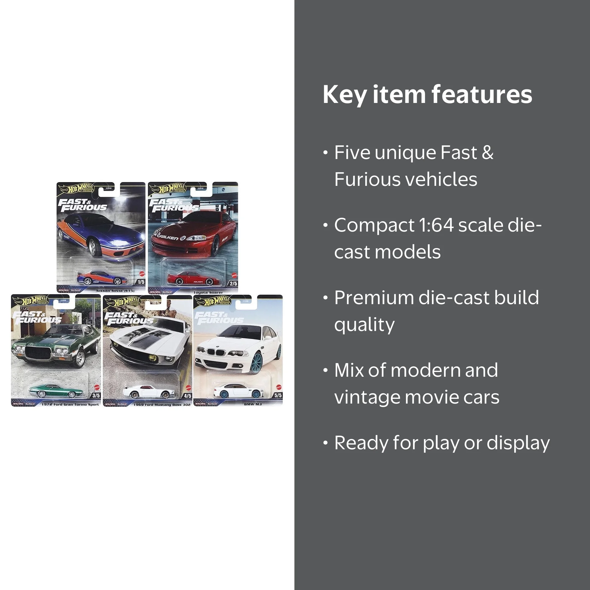 Hot Wheels Fast & Furious Die-Cast Cars Set, 2024 Premium Wave F