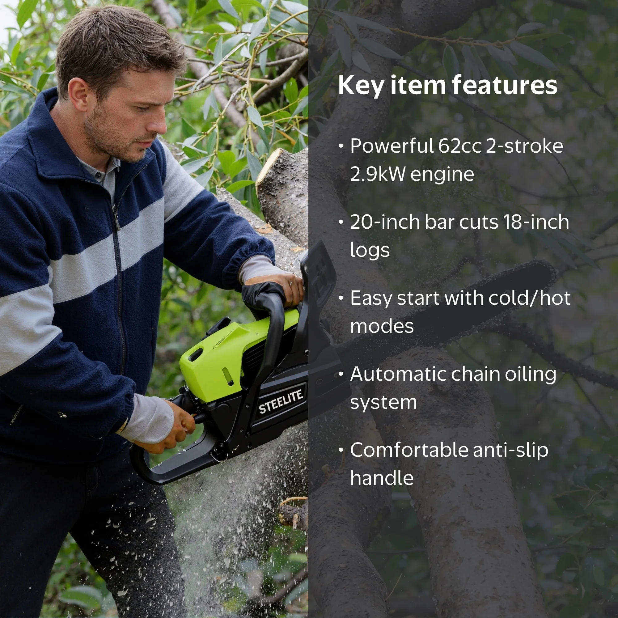 Steelite 62CC Gas Powered Chainsaw,20 Inch 2-Stroke Petrol