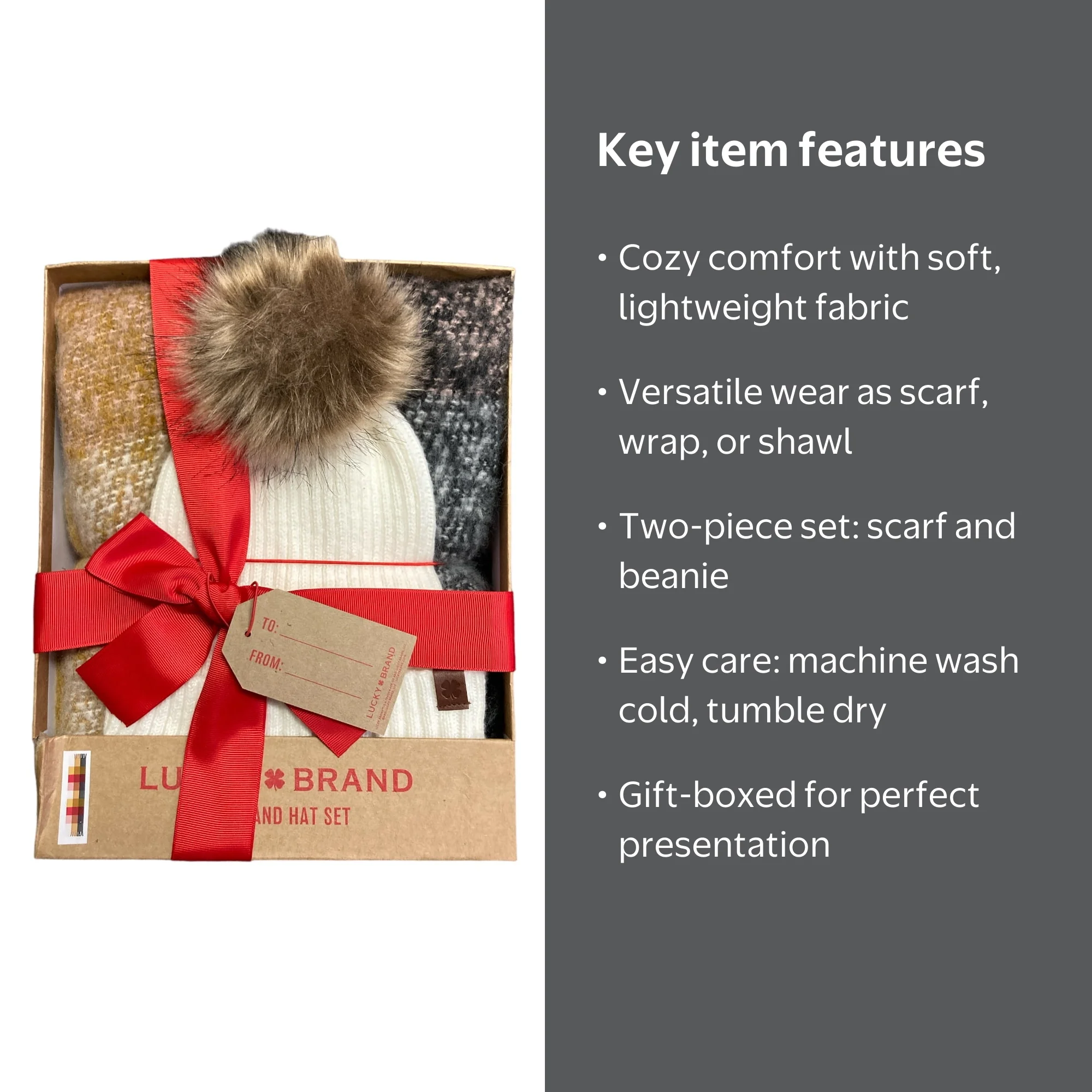 Lucky Brand Luxury Knit Hat & Scarf Gift Set NIB ? Faux Fur Pom | Neutral Winte Lucky Brand Women main image 3