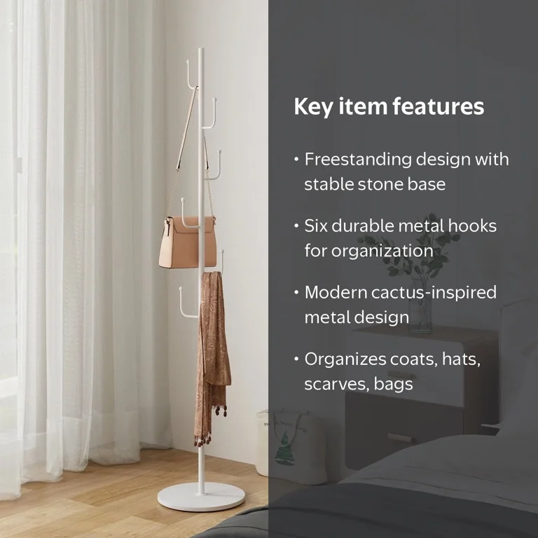 Abble Freestanding Coat Rack with 6 Hooks and Quartz Base, Modern
