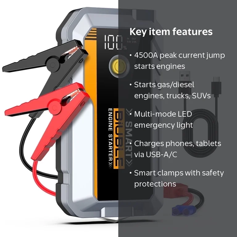 Biuble 4500A Car Jump Starter with LED Flashlight 12V Battery
