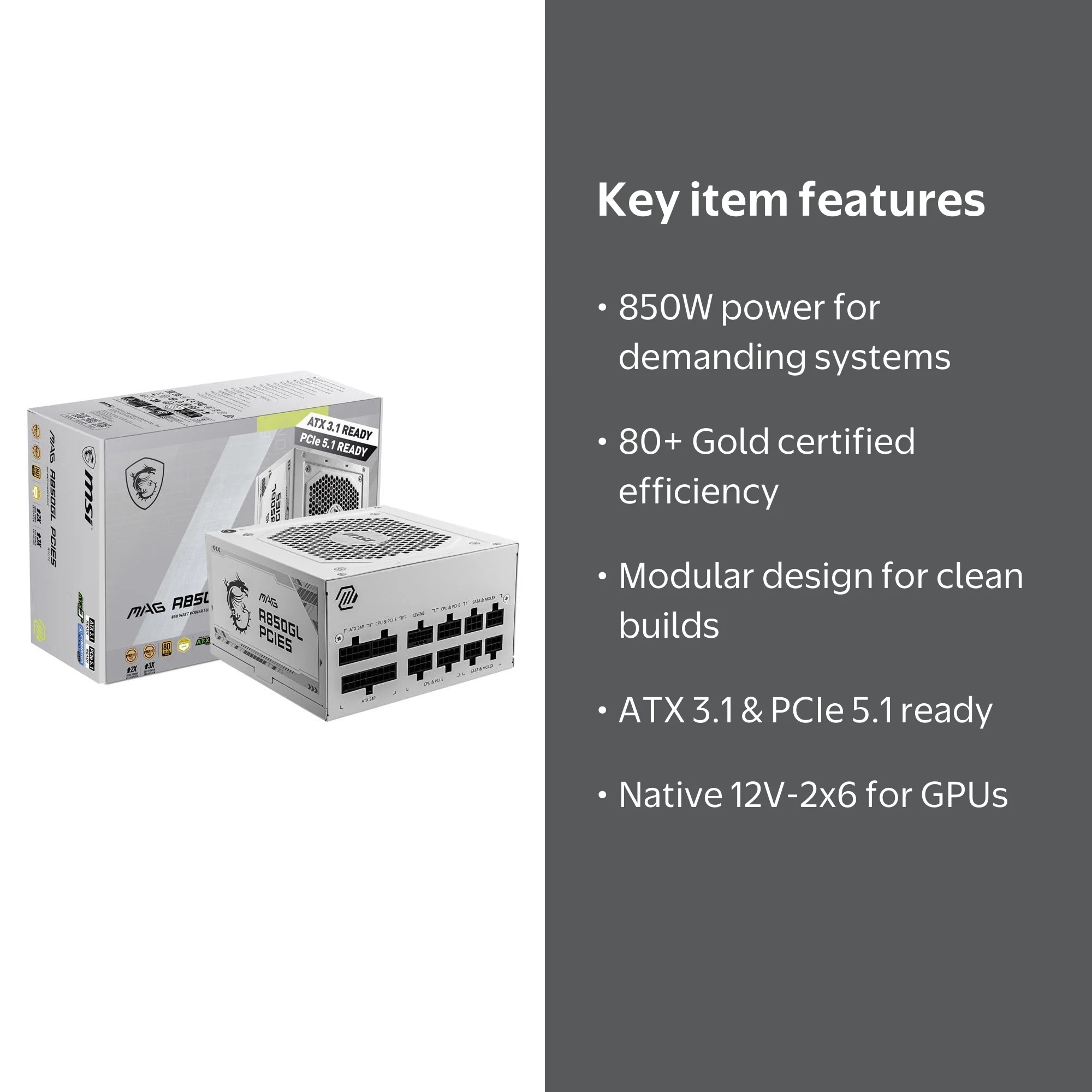 MSI - MAG A850GL PCIE5 WHITE, Fully Modular Gaming PSU, 80+ Gold