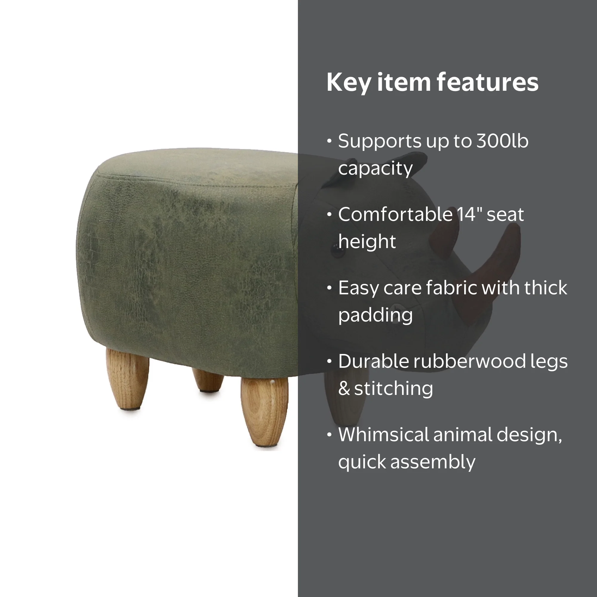 Critter Sitters 14-In. Seat Height Green Rhino Animal Shape Fabric