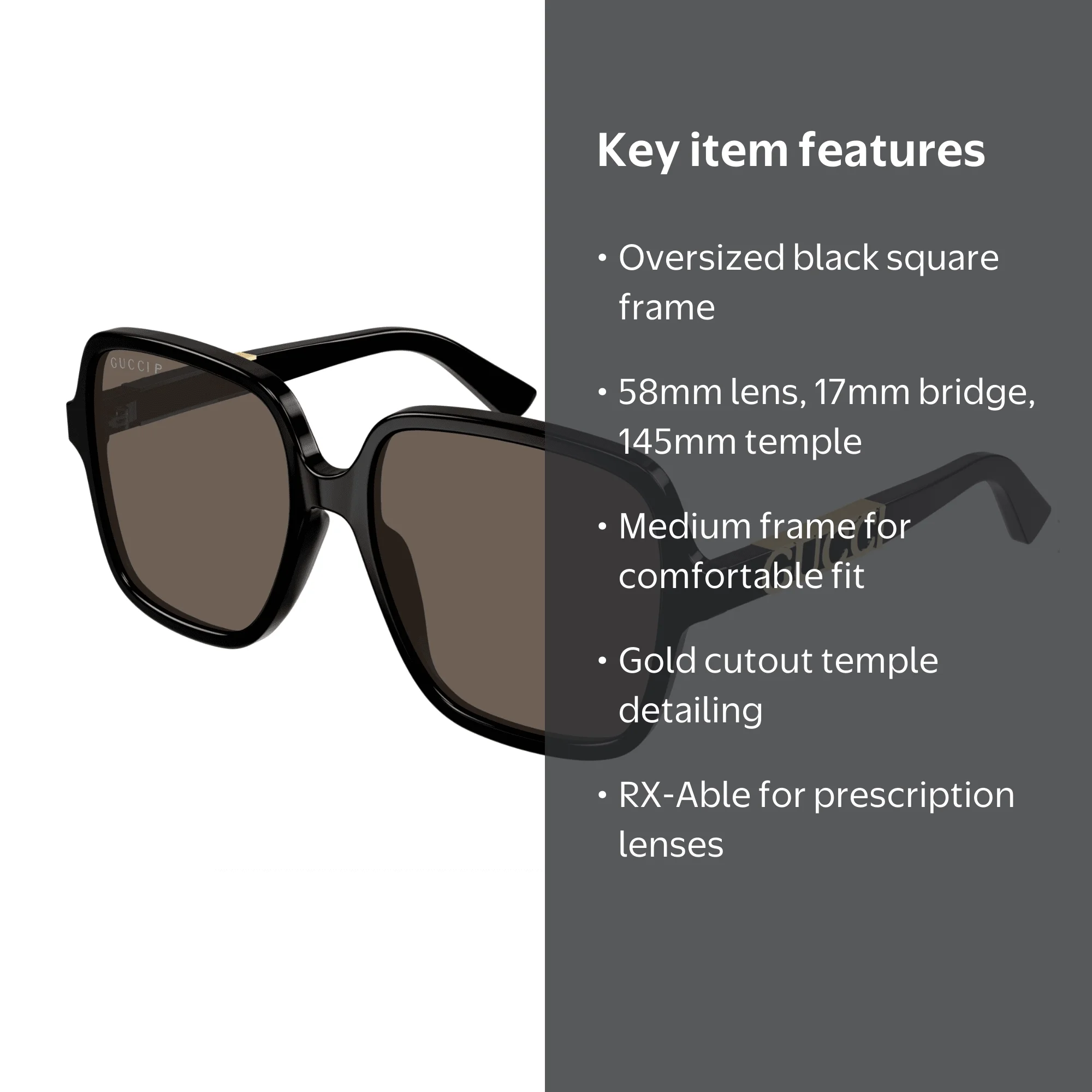 Gucci Oversized Black Square Sunglasses 58mm with Gold Cutout
