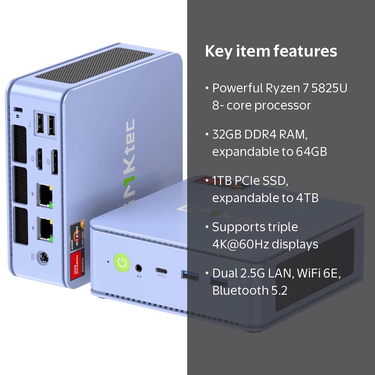 GMKtec, Gaming Mini PC, AMD Ryzen 7 5825U, 32GB RAM 1TB SSD
