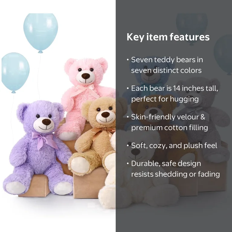 MorisMos, Plush Teddy Bear, 14 inch, Bulk 7 Pack, 7 Colors