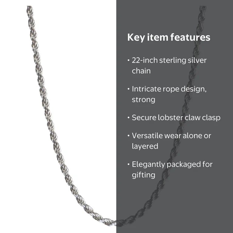 Brilliance Fine Jewelry Sterling Silver 22-Inch Rope Chain
