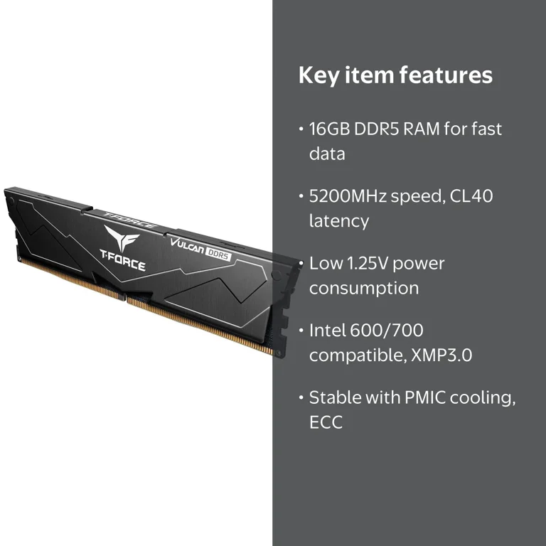 Team T-Force Vulcan 16GB DDR5 5200 Gaming PC RAM, 2x8GB 288-Pin