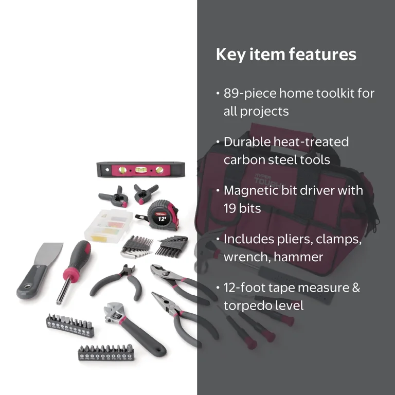 Hyper Tough, Household Tool Set, 89-Piece, Pink with Tool Bag