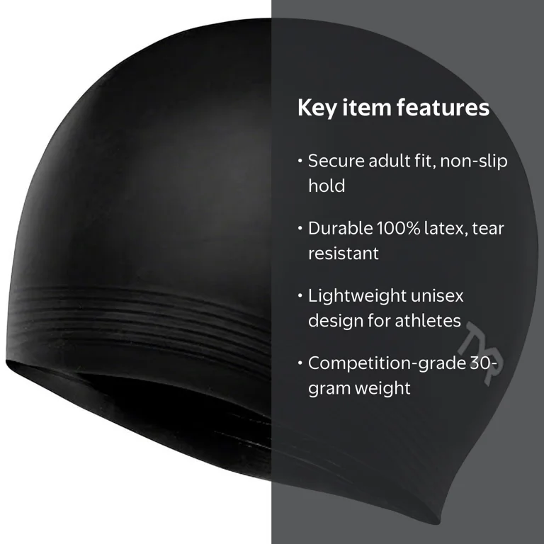 TYR Latex Adult Swim Cap Black, Latex Swim Cap with Ribbed Edge
