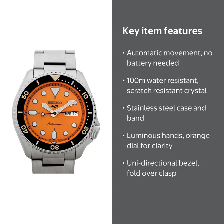 Seiko 5 Sports Men's Watch, Automatic, Orange Dial, SRPD59K1