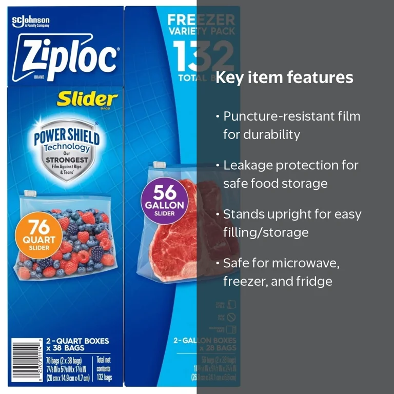 Ziploc, Freezer Bags, Variety Pack, 132 Count, BPA-Free, Reusable