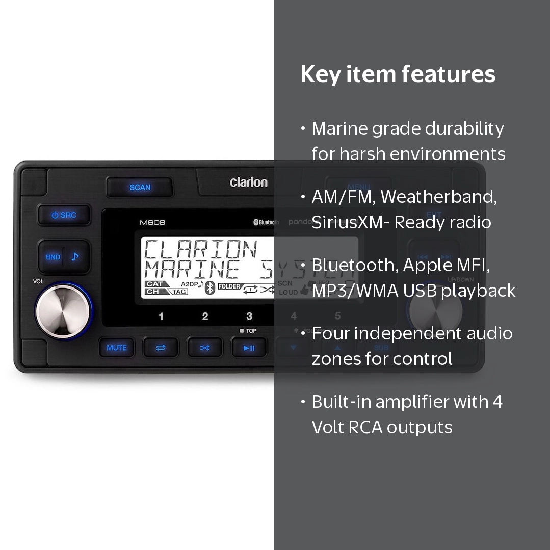 Clarion, Marine Bluetooth Digital Media Receiver, 4-Zone, 7-23/32