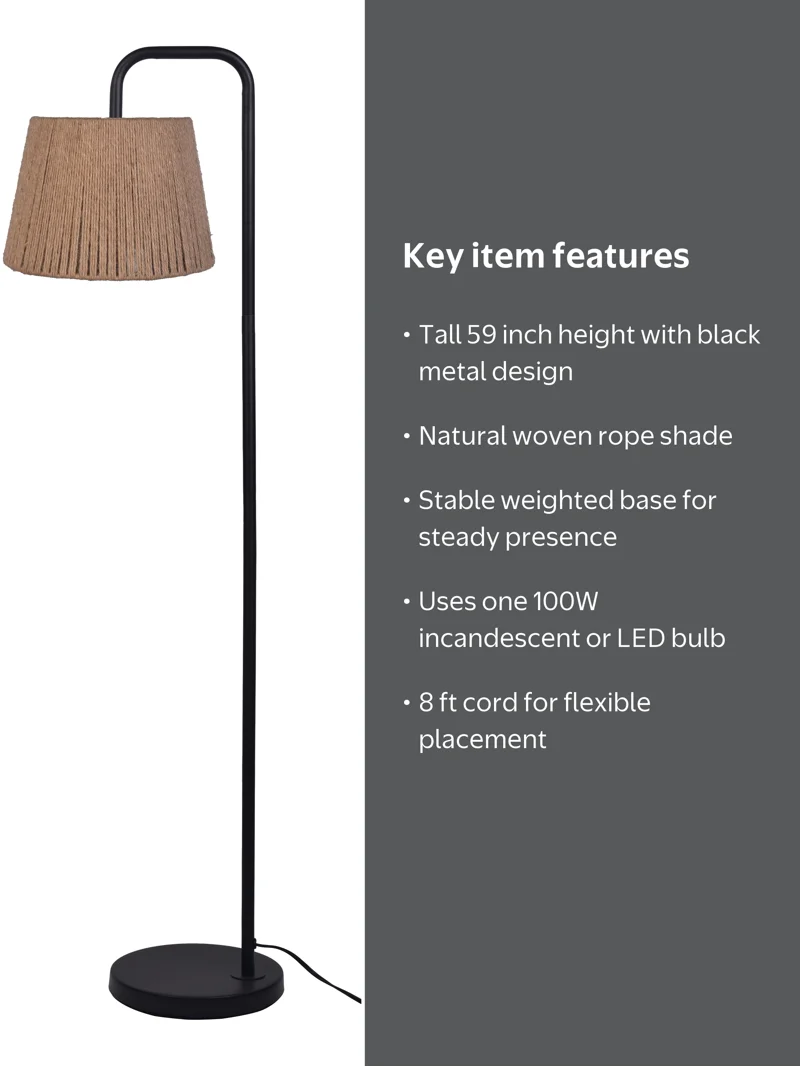 Mainstays Floor Lamp, Black Metal with Natural Rope Shade