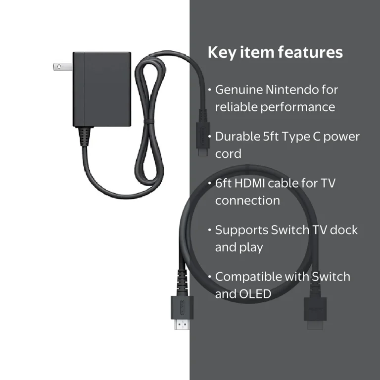 Nintendo Switch AC Adapter, 5ft Charger Cord, 6ft HDMI Cable, TV