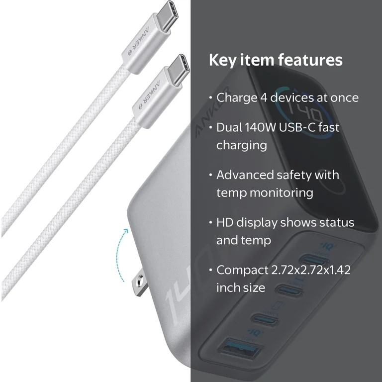 Anker, Laptop Charger, 140W Max, 4-Port GaN USB C with Smart