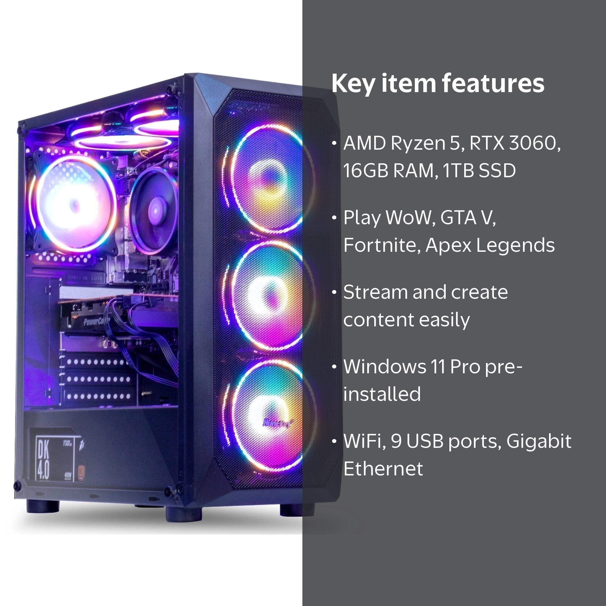 MXZ Gaming PC, AMD Ryzen 5 5500 3.6GHz, RTX 3060 12GB, 16GB DDR4
