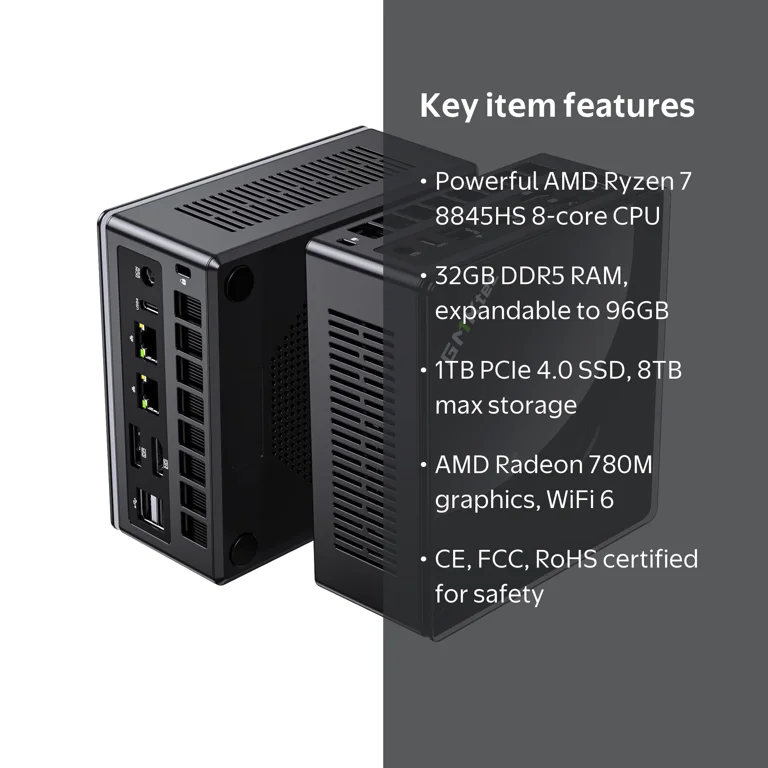 GMKtec, Mini Gaming PC, AMD Ryzen 7 8845HS, 1TB SSD 32GB RAM