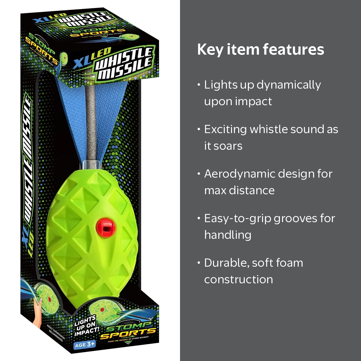 Stomp Rocket, XL LED Whistle Missile, Foam Football, Lights Up