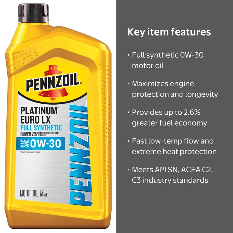 Pennzoil Platinum Euro LX Full Synthetic 0W-30 Motor Oil, 1 Quart