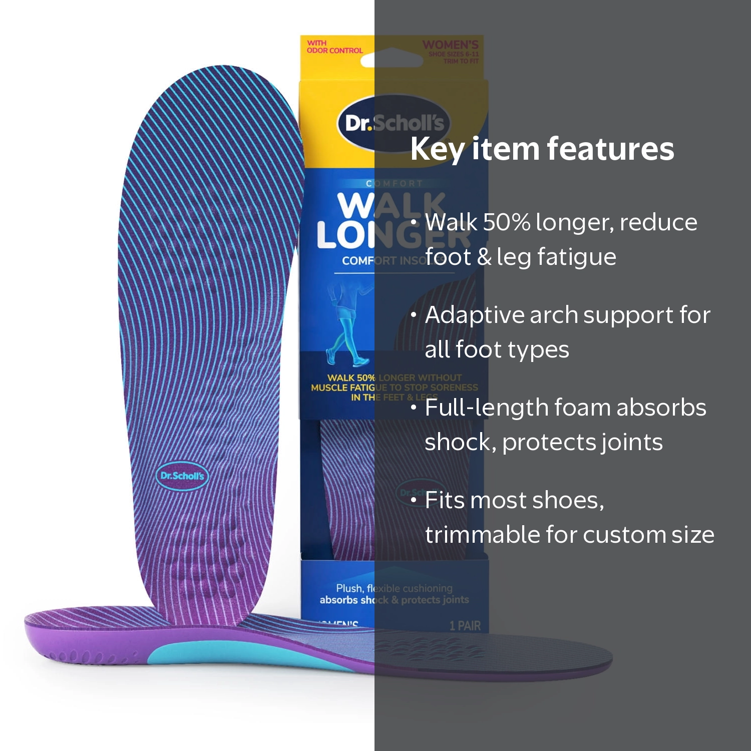 Dr. Scholl's, Walk Longer Insoles, Sizes 6-10, Comfortable Plush