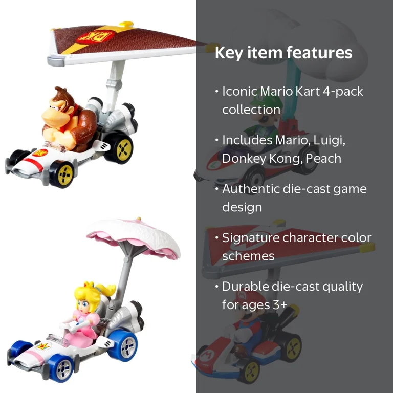 Hot Wheels Mario Kart Character Cars Collection Set, 4 Pack, Mario