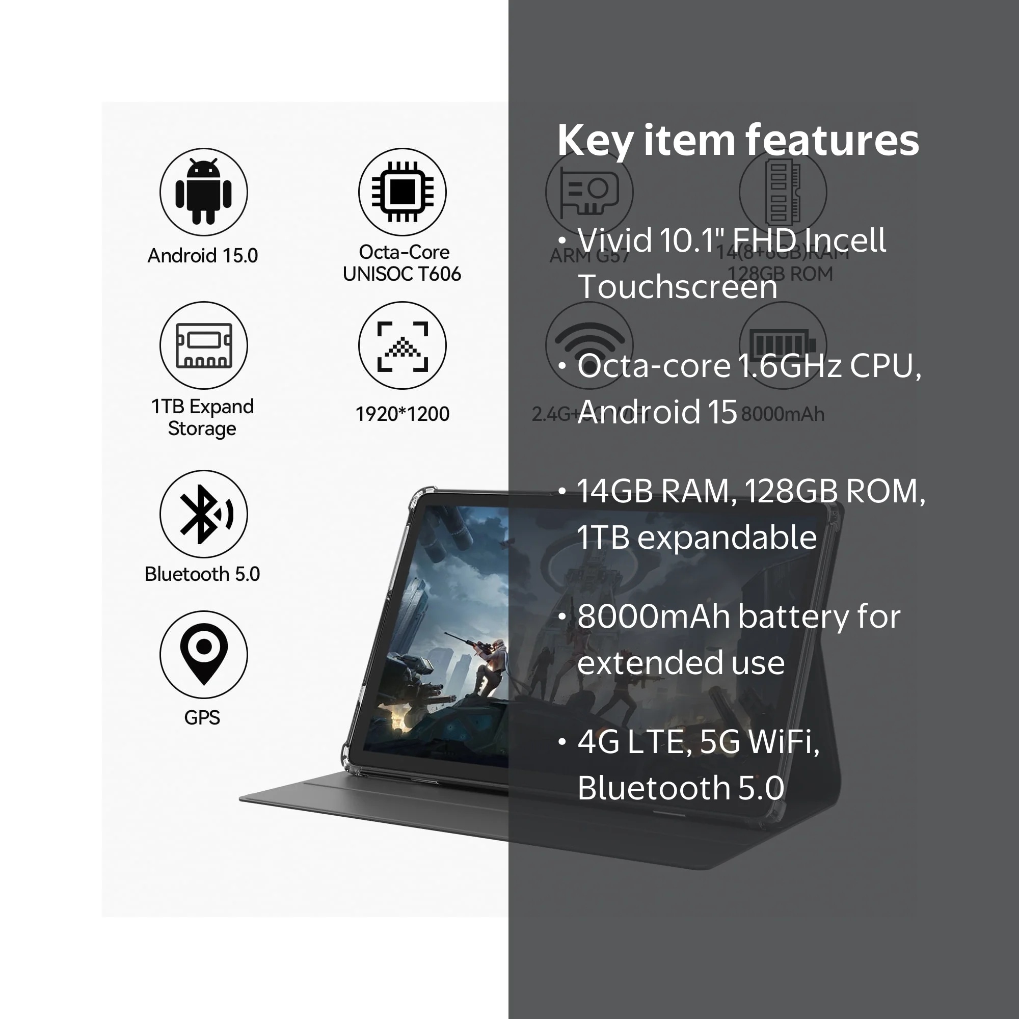 Android 15 Tablet,128GB ROM 14GB RAM,10inch 4G Phone Tablet,5G