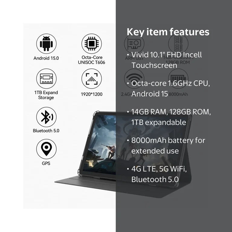 Android 15 Tablet,128GB ROM 14GB RAM,10inch 4G Phone Tablet,5G