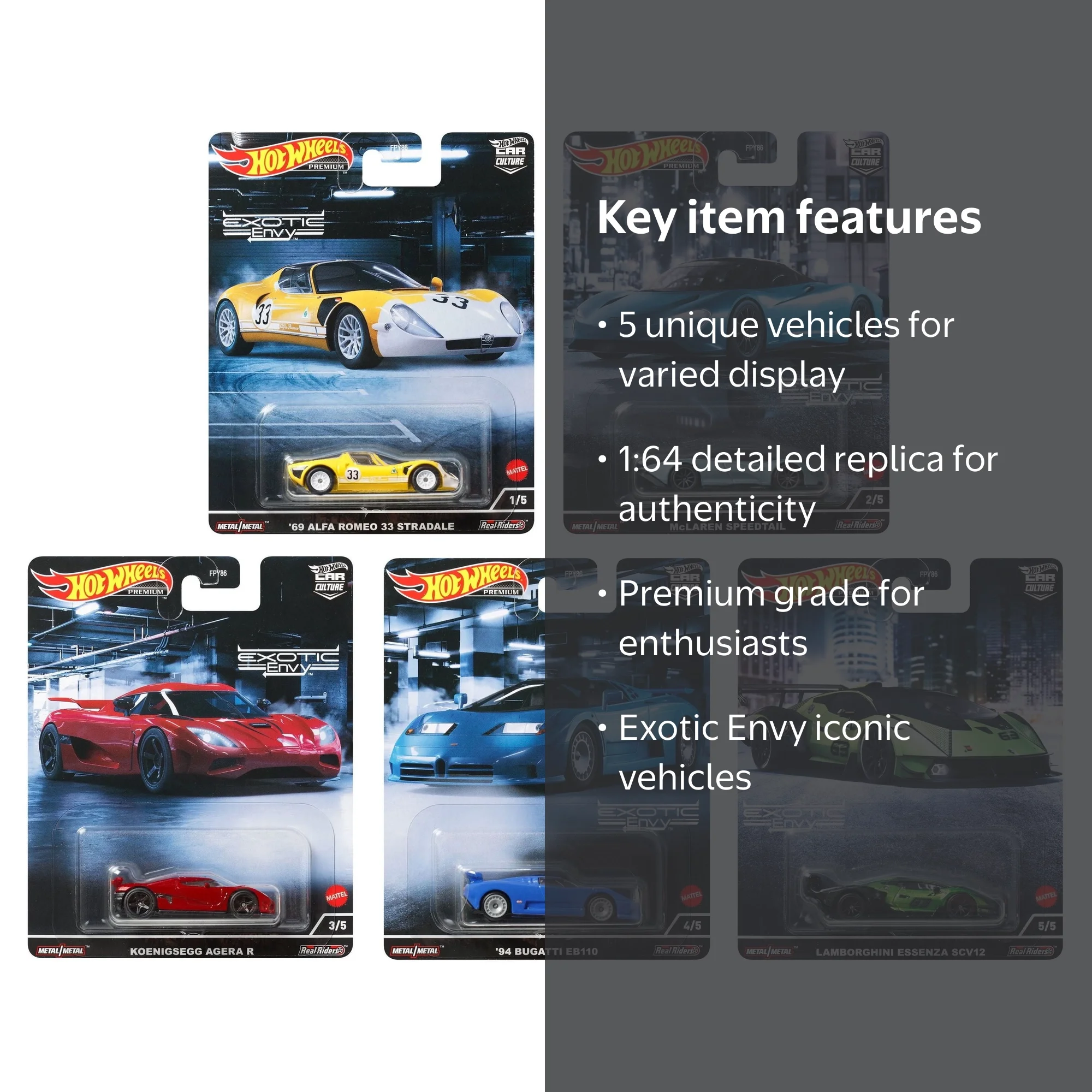 Hot Wheels Premium Car Culture 2022 Exotic Envy Set of 5, 1:64