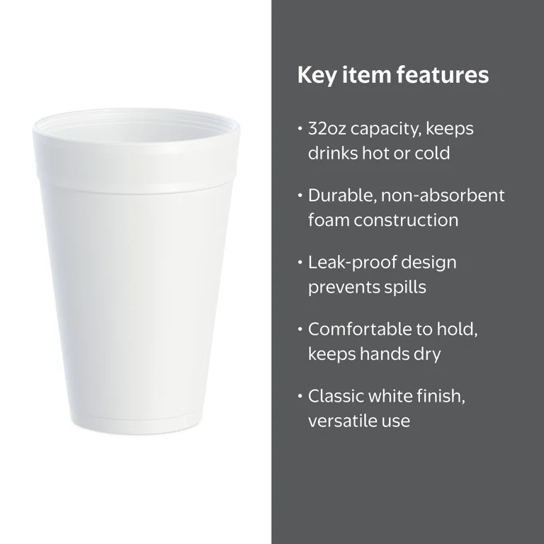 Dart Foam Drink Cups, 32oz, White, 25/Bag, 20 Bags/Carton