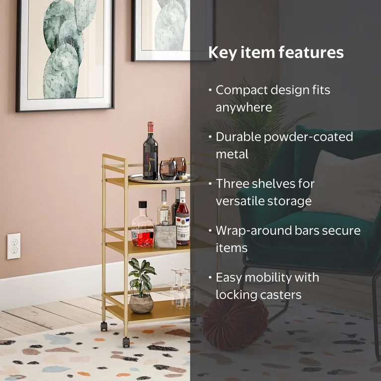 Novogratz Helix 3 Shelf Metal Rolling Utility Cart, Gold - Walmart.com