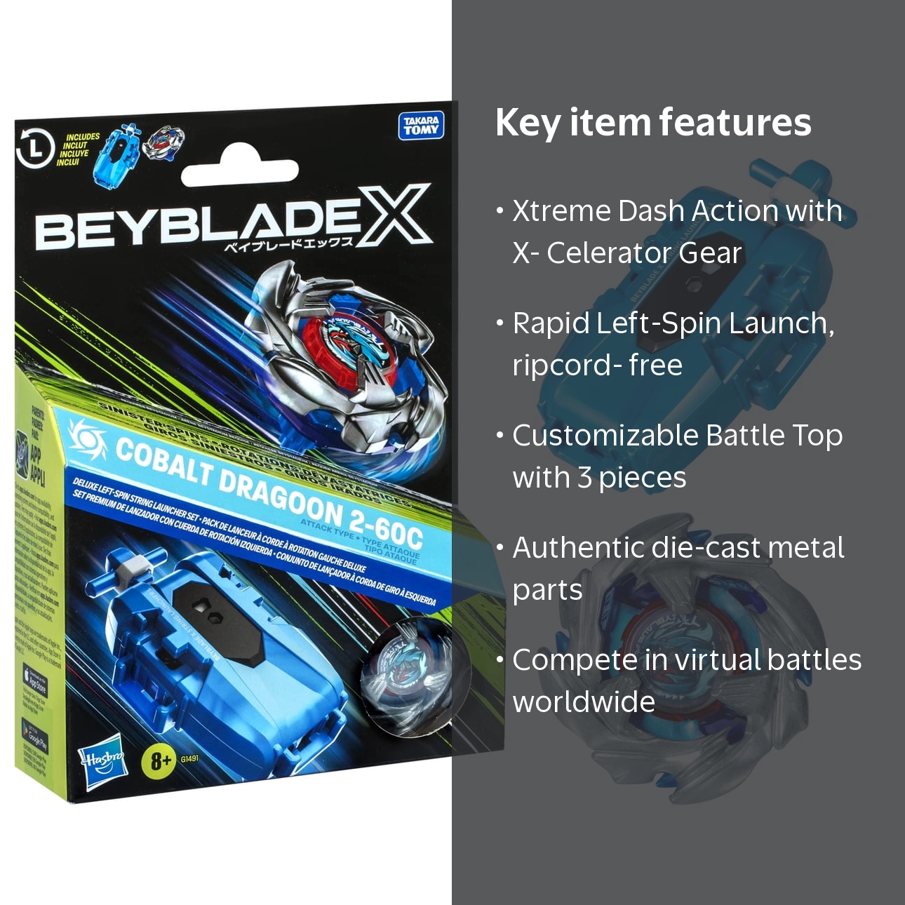 Beyblade X Cobalt Dragoon 2-60C Left-Spin String Launcher Set